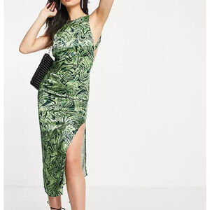 Topshop Psychedelic Satin Slip Midi Sleeveless Open Back Slit Womens Dress 12